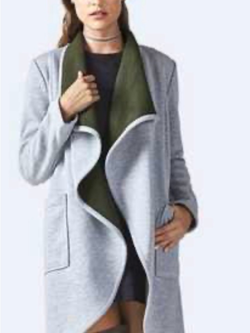 Fabletics Moscow Light Gray Open-Front Shrug Coat with Olive Lining